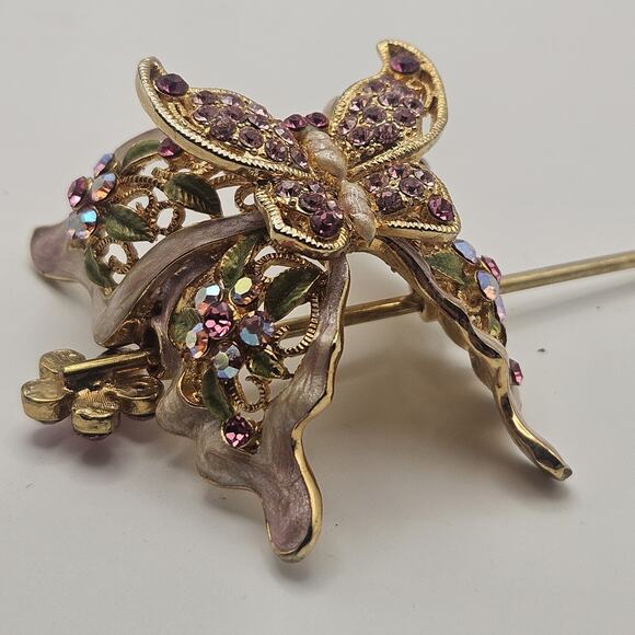 Vintage Iridescent Pink Multi Color Crystal Butterfly Hair Barrette Pin